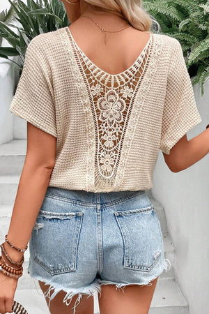 Oatmeal Guipure Lace Patch Textured T-shirt-1