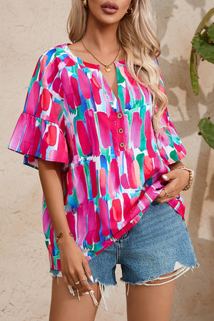 Rose Abstract Brushwork Print Buttoned V Neck Blouse-8