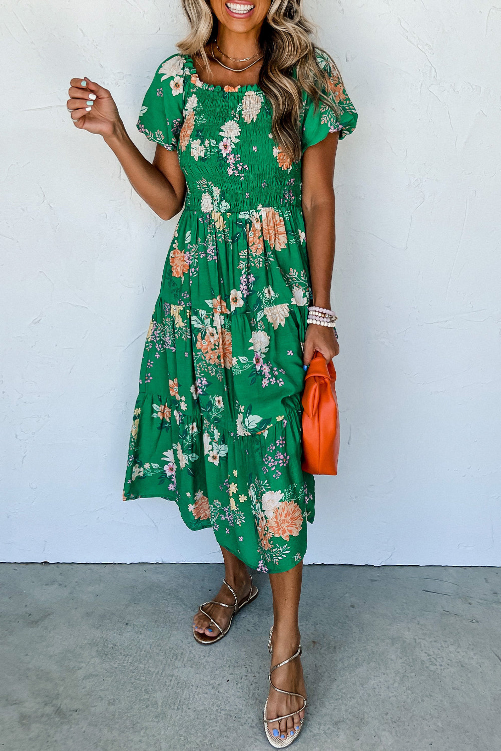 Green Floral Print Bubble Sleeve Smocked Tiered Midi Dress-0