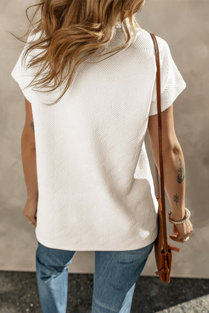 White Textured V Neck Collared Short Sleeve Top-1