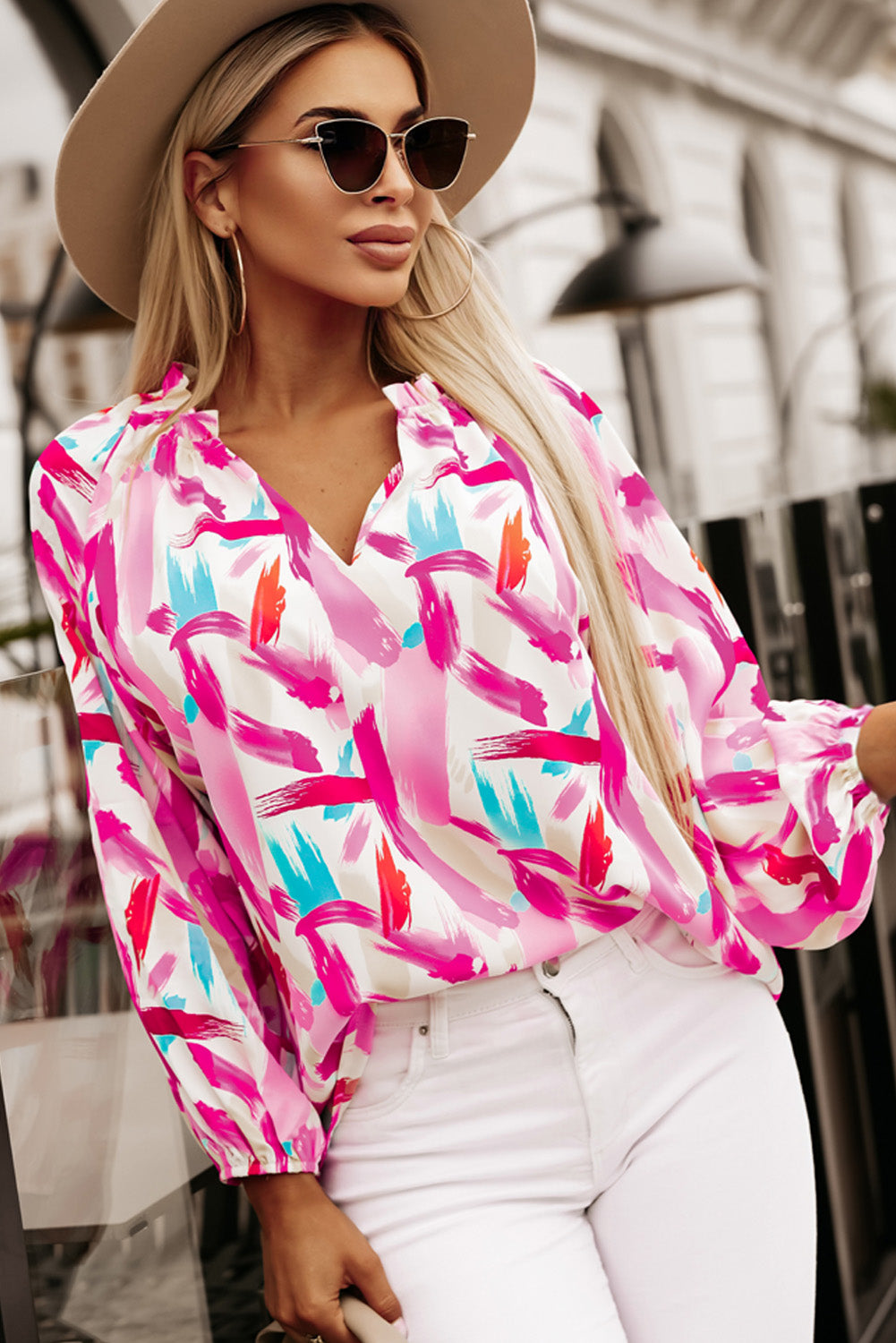 Pink Abstract Brush Print Loose Fit Blouse-0