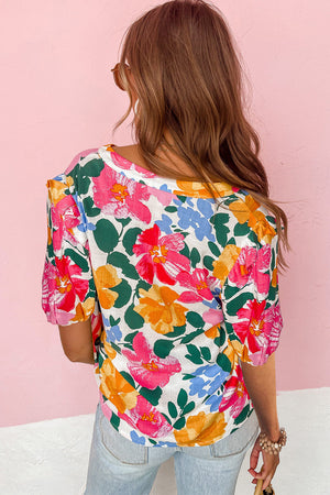 Multicolor Floral Print Ruffle Trim Puff Sleeve Shirt-1
