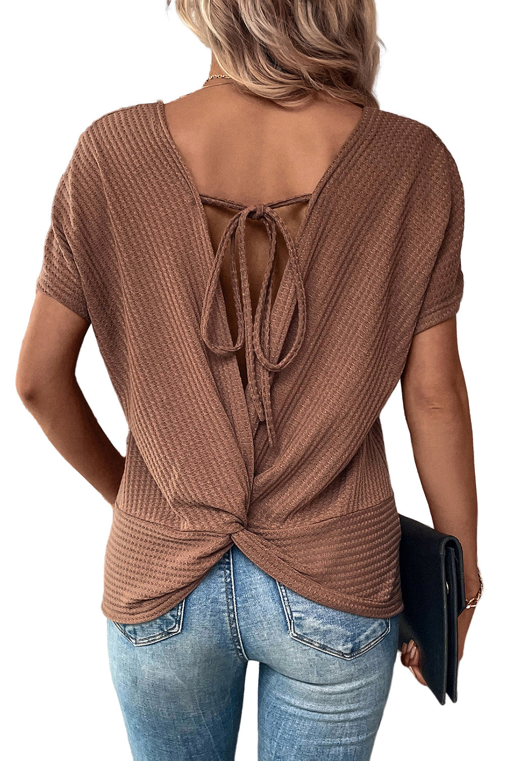 Brown Lace-up Open Back Waffle Knit Short Sleeve T Shirt-3