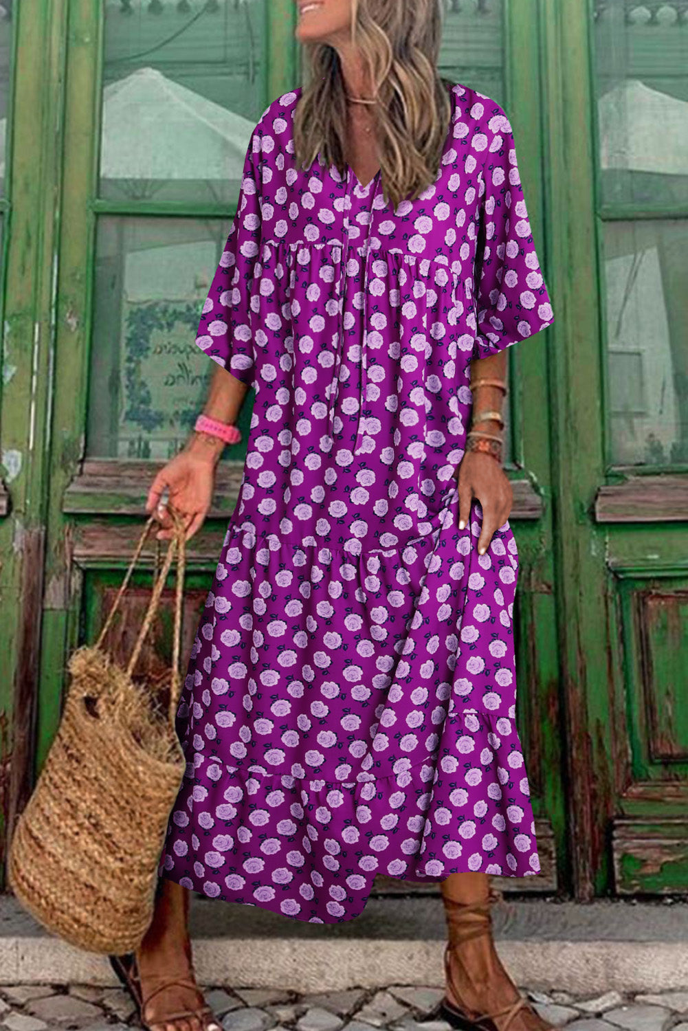 Purple Boho Printed Puff Sleeve Maxi Dress-0