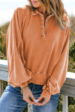 Orange Washed Snap Buttons Lantern Sleeve Pullover Sweatshirt-0