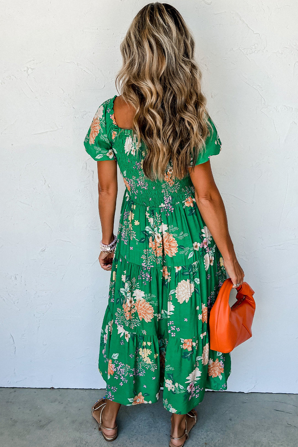 Green Floral Print Bubble Sleeve Smocked Tiered Midi Dress-1