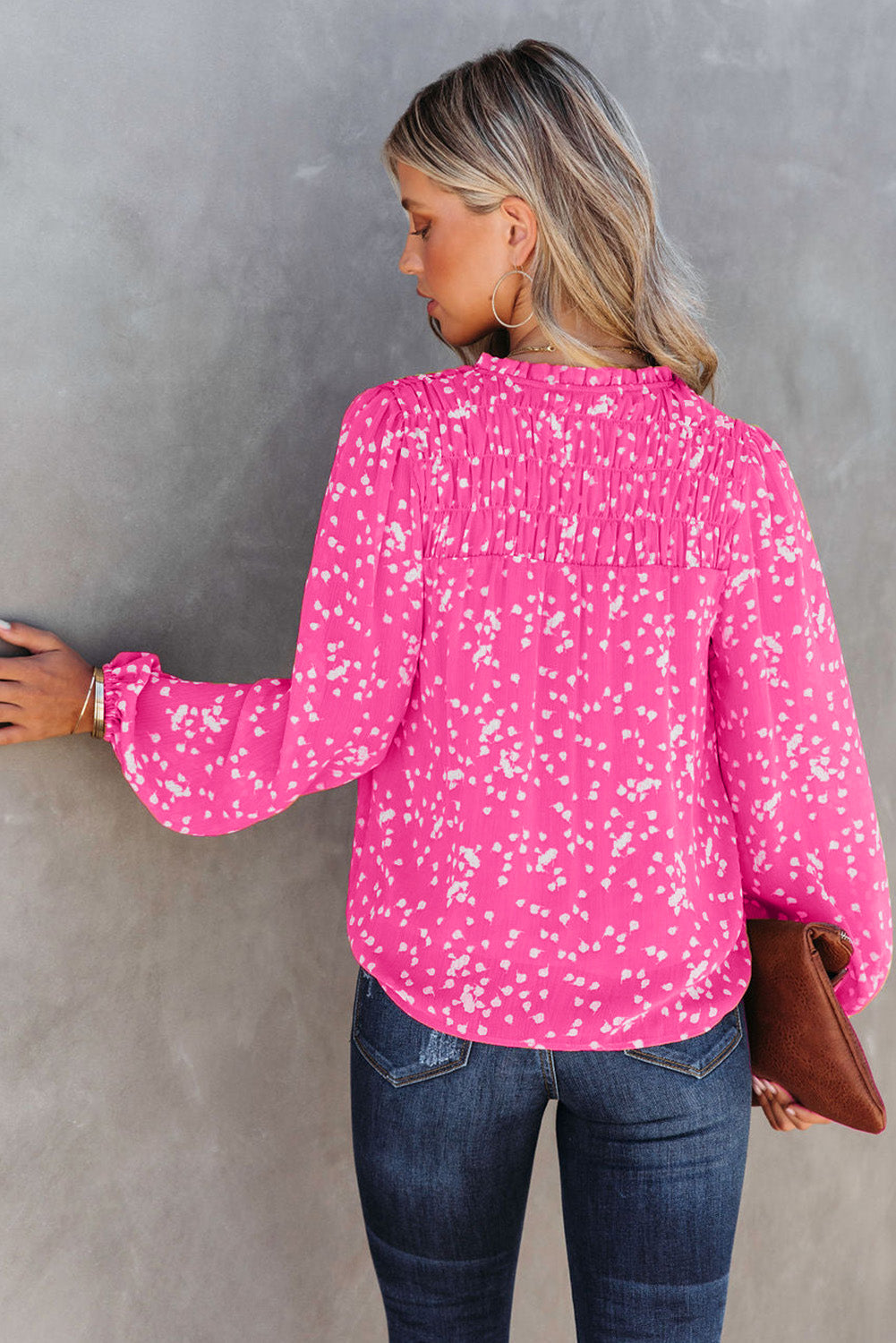 Pink Split Neck Fall Printed Crinkled Blouse-6