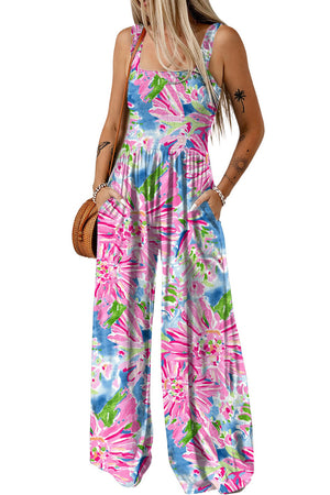 Pink Abstract Floral Painting Smocked Wide Leg Jumpsuit-2