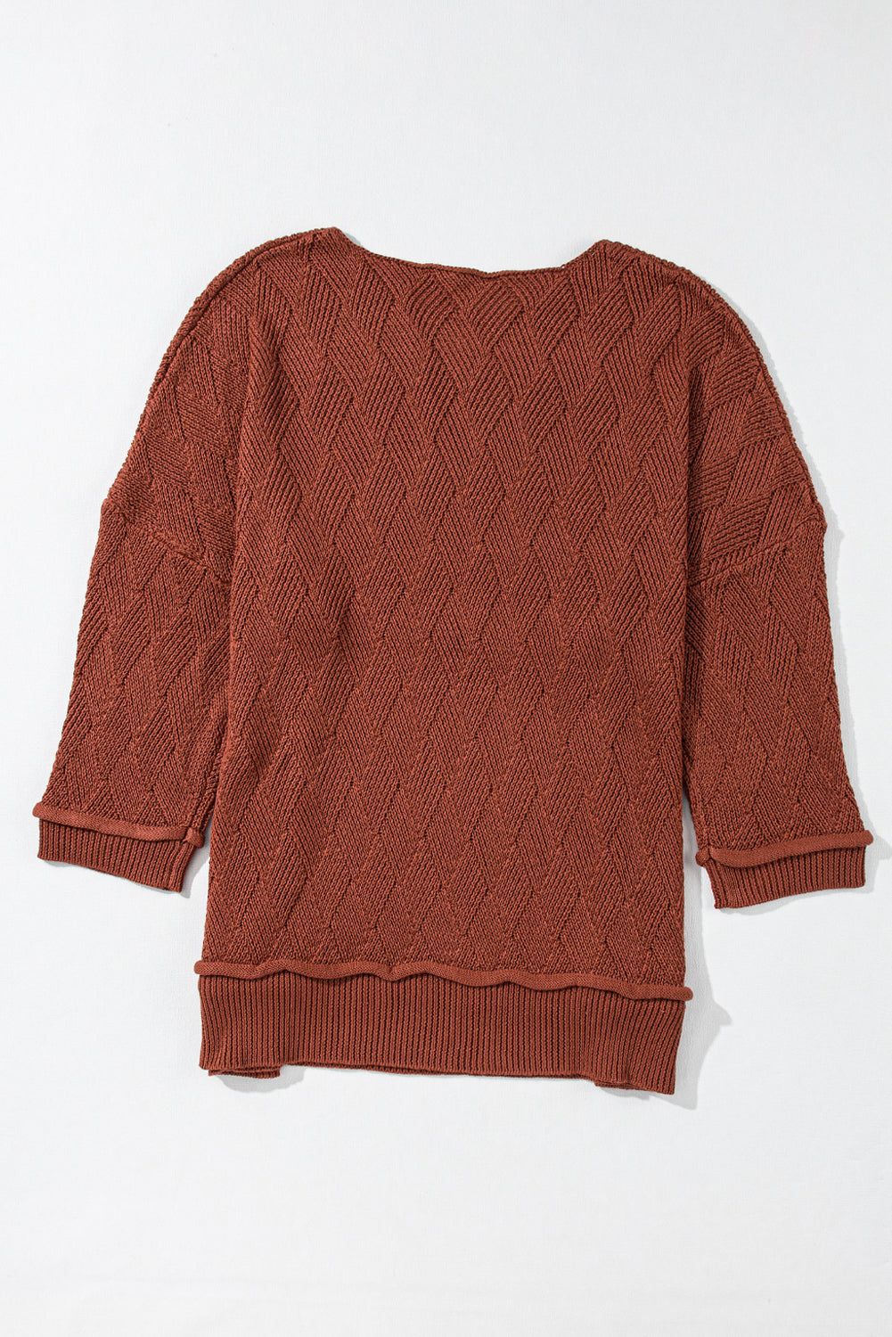 Gold Flame Solid Color Textured Crew Neck Loose Sweater-8