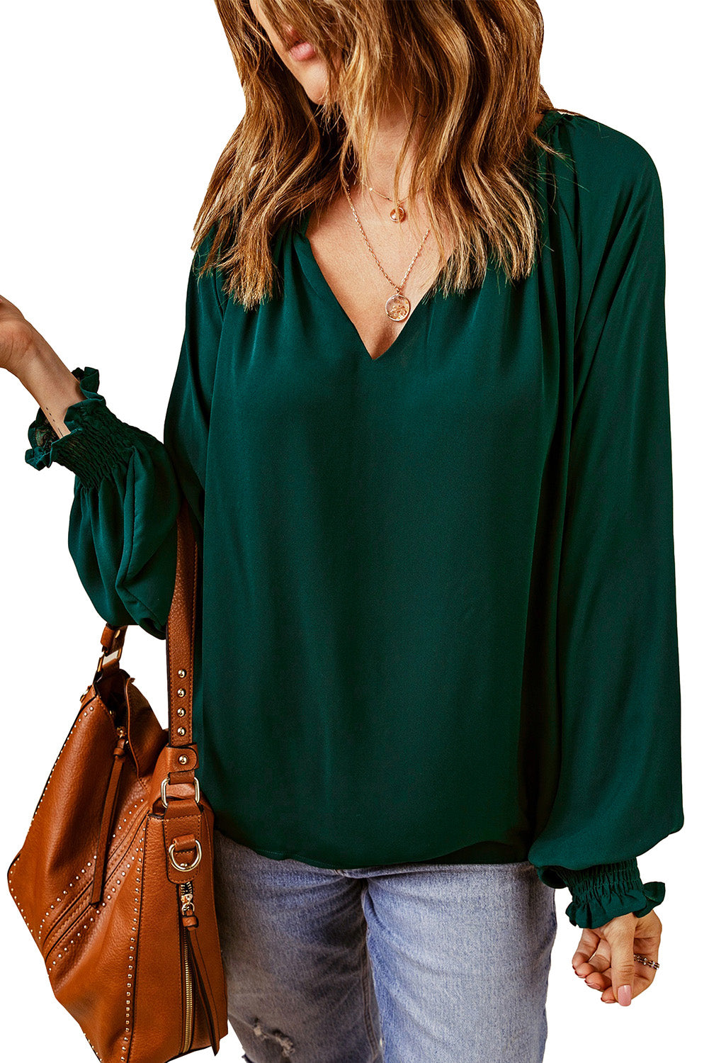 Green Pleated V Neck Puffy Sleeve Blouse-5