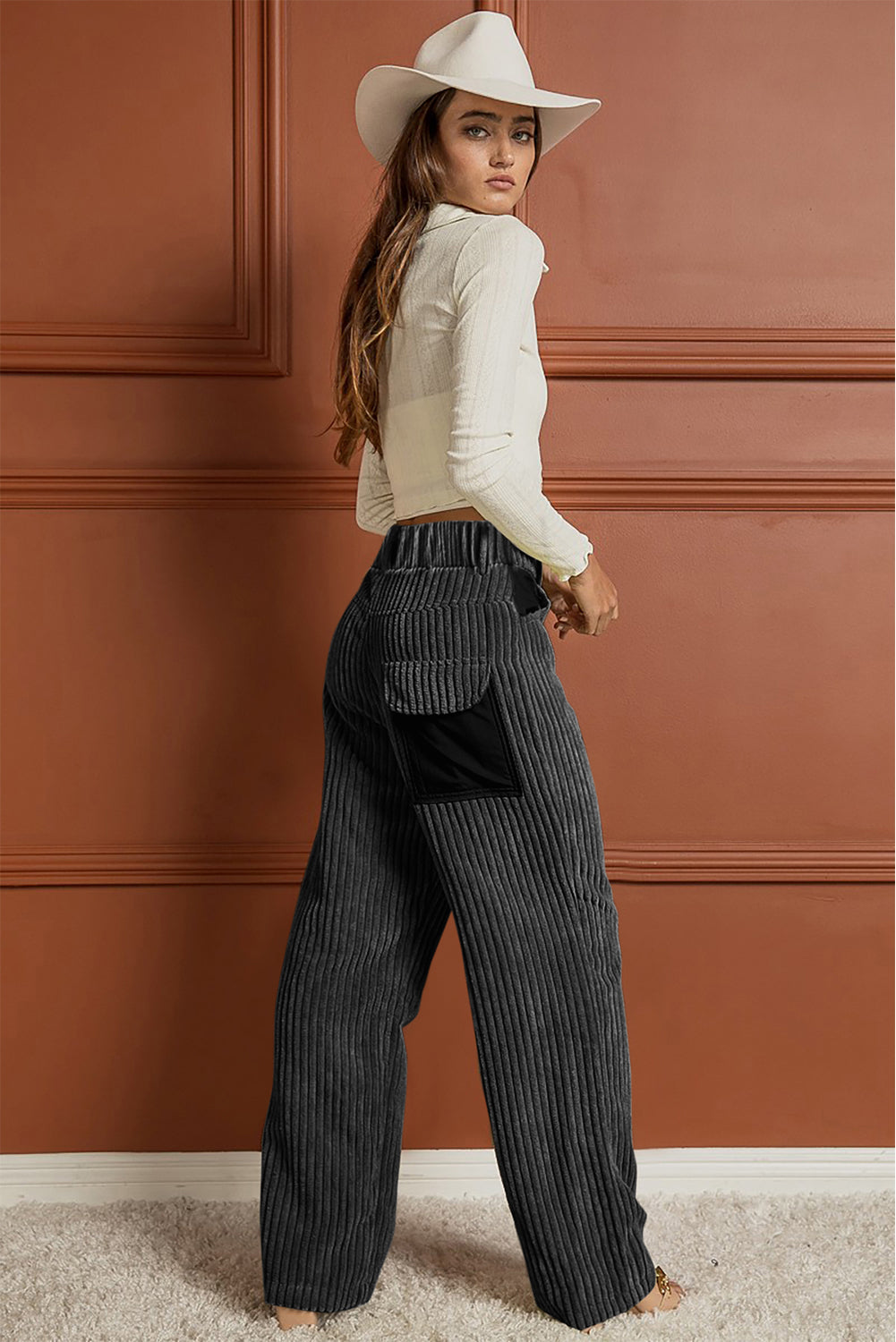 Gray Contrast Patched Pocket Corduroy Wide Leg Pants-3