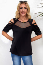 Black Fishnet Splicing Strappy Cutout Shoulder Sleeve Top-3