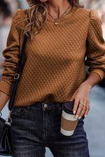 Brown Solid Color Quilted Puff Sleeve Pullover Sweatshirt-0