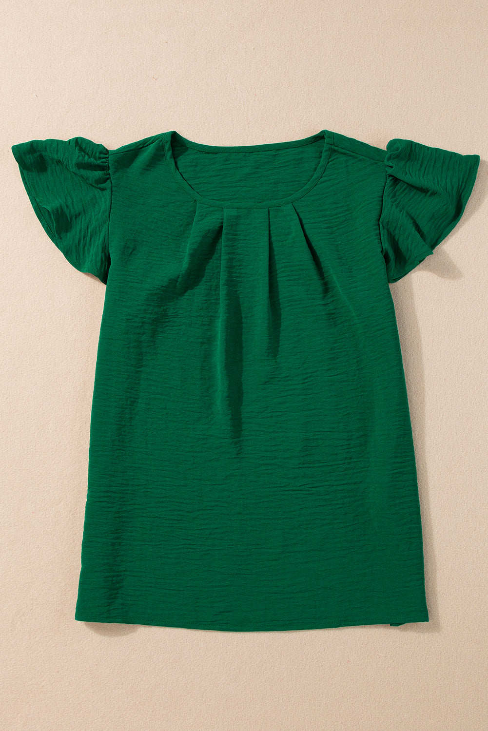 Dark Green Solid Color Textured Pleated Flutter Sleeve Blouse-4