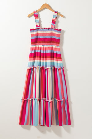 Red Stripe Ruffled Straps Smocked Tiered Long Dress-10