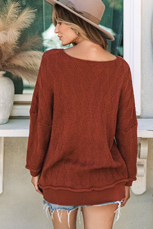 Gold Flame Solid Color Textured Crew Neck Loose Sweater-4