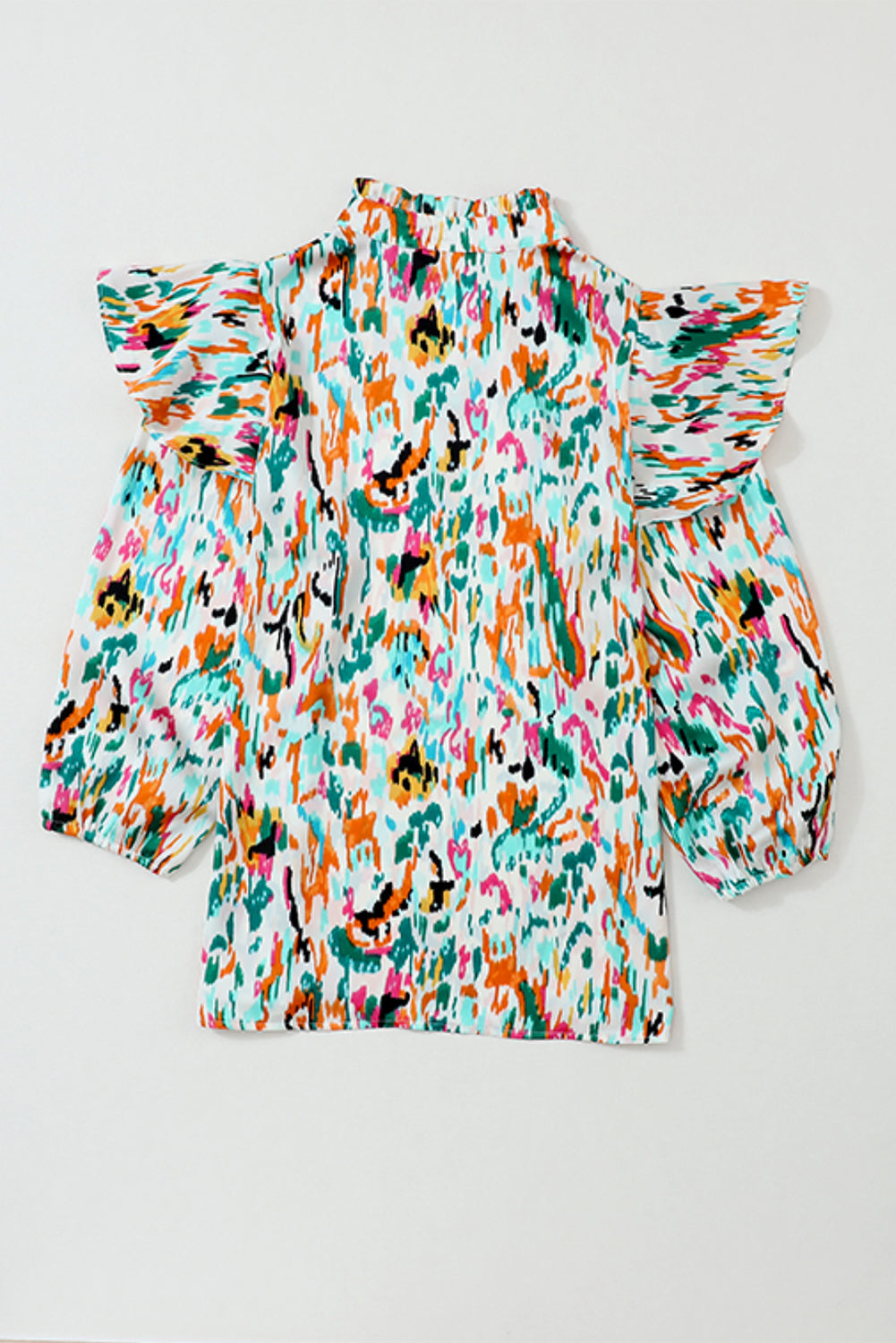 Multicolor Abstract Print 3/4 Puff Sleeve Ruffle Blouse-8