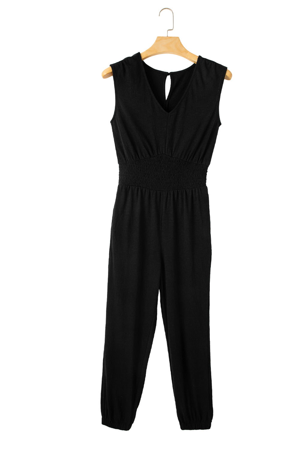 Black Shirred High Waist Sleeveless V Neck Jumpsuit-13