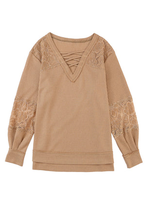 Apricot Lace Waffle Patchwork Strappy V Neck Long Sleeve Top-12