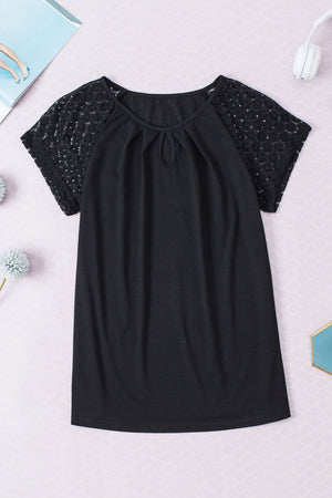 Black Contrast Lace Sleeve Keyhole Decor Top-7
