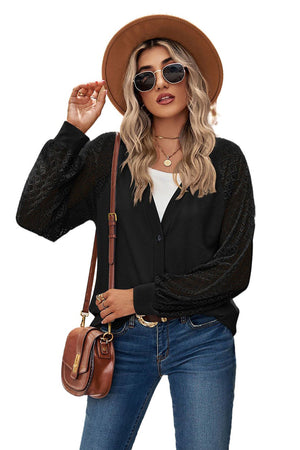 Black Waffled Knit Lace Long Sleeve Buttoned Cardigan-9