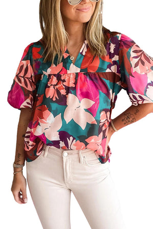 Rose Red Floral Print Puff Sleeve Notched V Neck Blouse-12