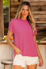 Rose Red Textured Knit Exposed Stitching T-shirt-4