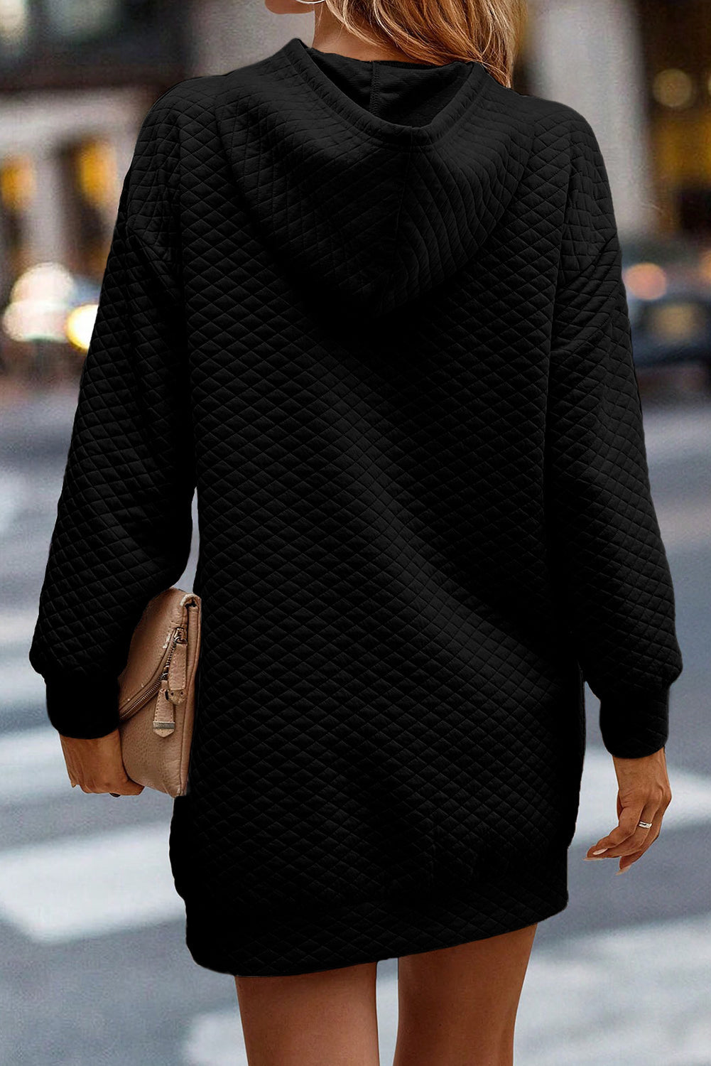 Black Drawstring Kangaroo Pocket Quilted Hooded Dress-1