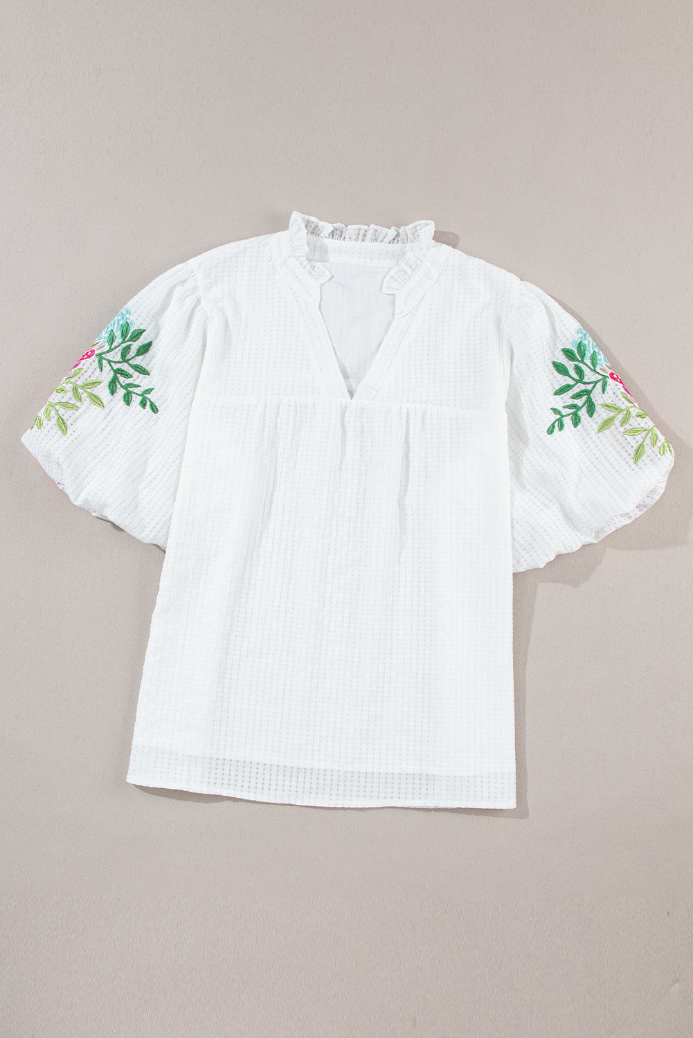 White Floral Embroidered Puff Sleeve Notched Neck Blouse-10
