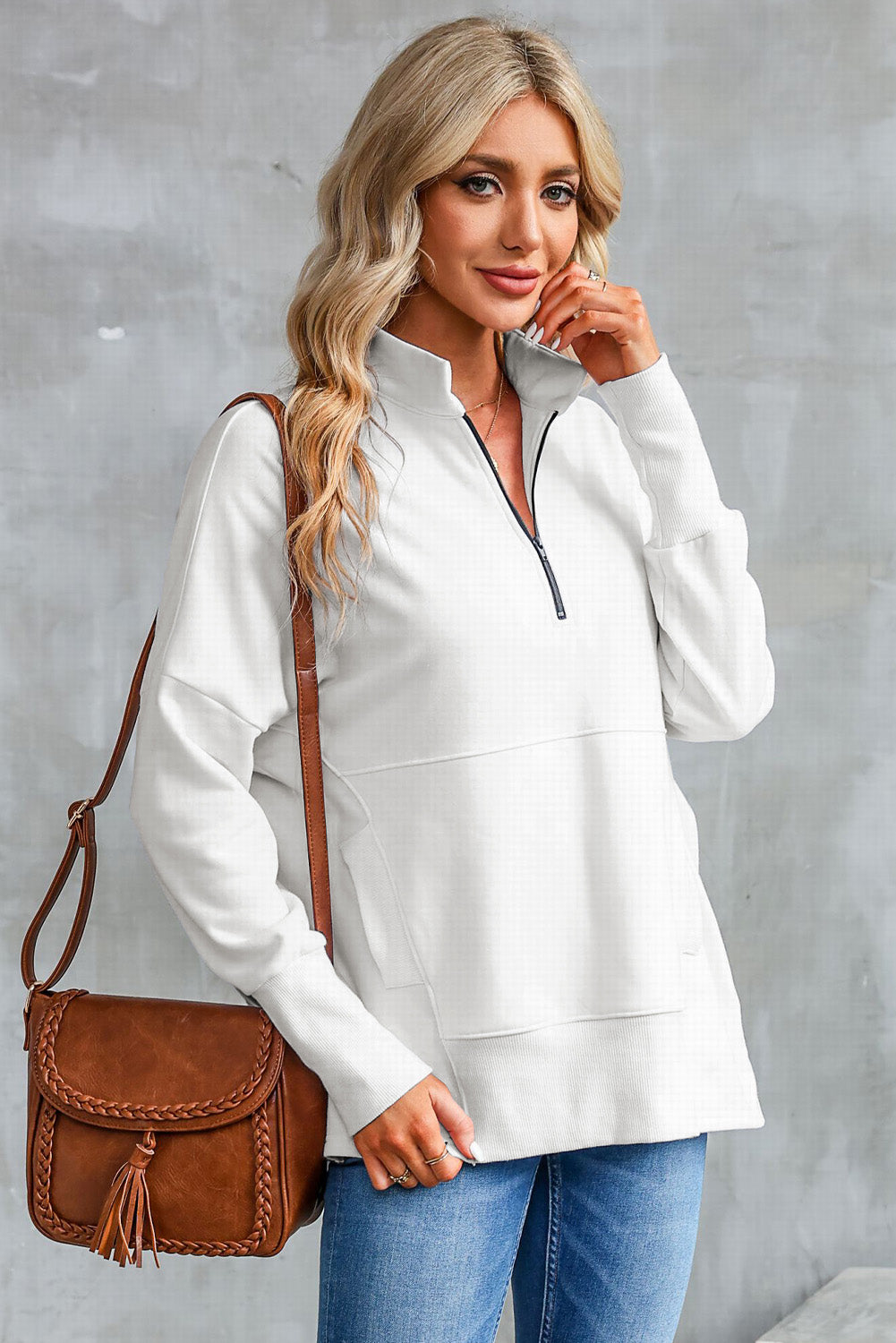 White Oversized Quarter-Zip Pullover Sweatshirt-3
