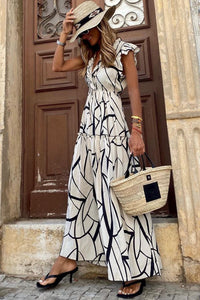 White Abstract Vein Print V Neck Ruffle Maxi Dress-1