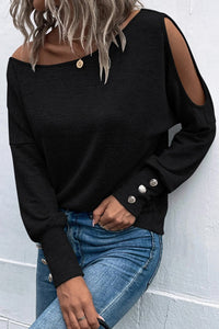Black Asymmetrical Cut Out Buttoned Long Sleeve Top-0