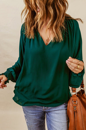 Green Pleated V Neck Puffy Sleeve Blouse-3