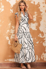 White Abstract Vein Print V Neck Ruffle Maxi Dress-7