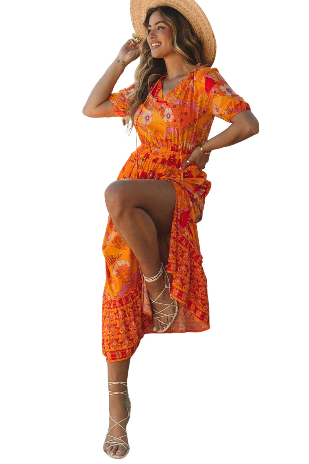 Orange Boho Floral Smocked Waist Maxi Dress with Slit-6