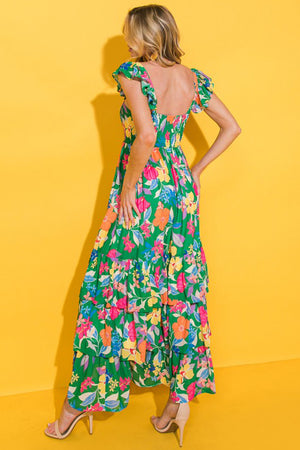Green Floral Print Sleeveless Ruffle Tiered Maxi Dress-6