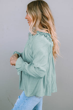 Green Ruffled Square Neck Cuffs Long Sleeve Blouse-2
