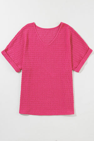 Bright Pink Textured Rolled Sleeve V Neck Tee-5