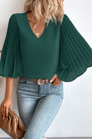 Blackish Green 3/4 Pleated Bell Sleeve V Neck Blouse-2