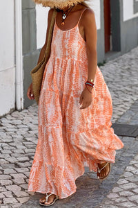 Orange Abstract Print Spaghetti Straps Backless Tiered Maxi Dress-0