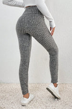 Gray Wide Waistband Ribbed Textured Knit Leggings-2