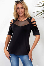 Black Fishnet Splicing Strappy Cutout Shoulder Sleeve Top-2