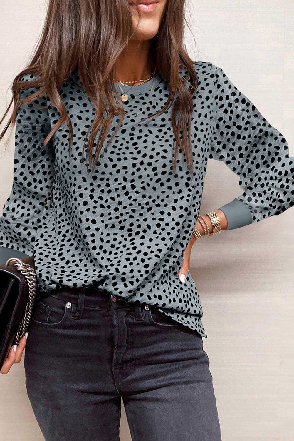 Gray Animal Spotted Print Round Neck Long Sleeve Top-0