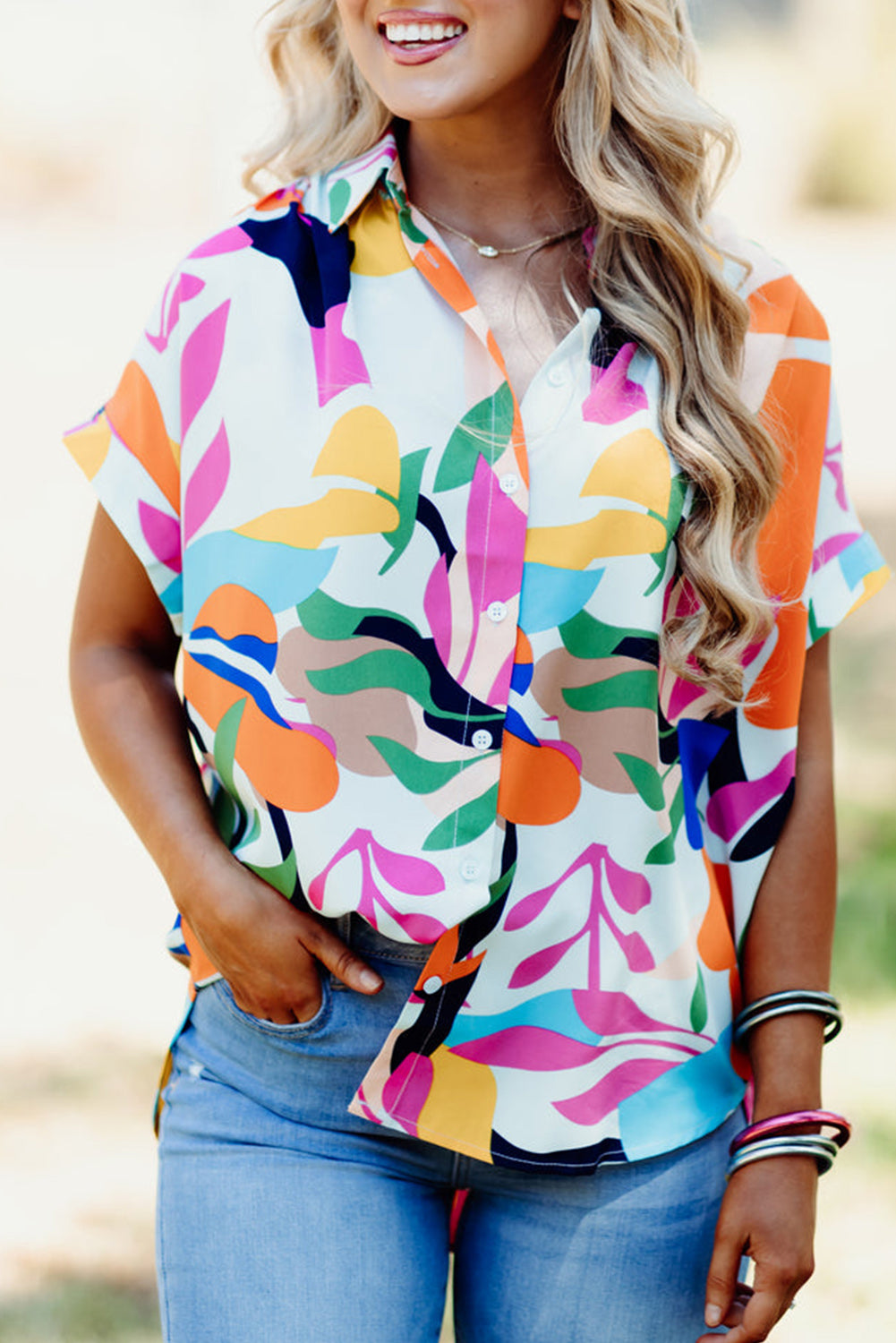 Multicolour Abstract Leafy Print Short Sleeve Shirt-0