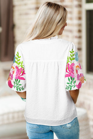 White Floral Embroidered Puff Sleeve Notched Neck Blouse-8