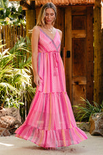 Pink Western Printed Tassel Tie V Neck Wrap Maxi Dress-3