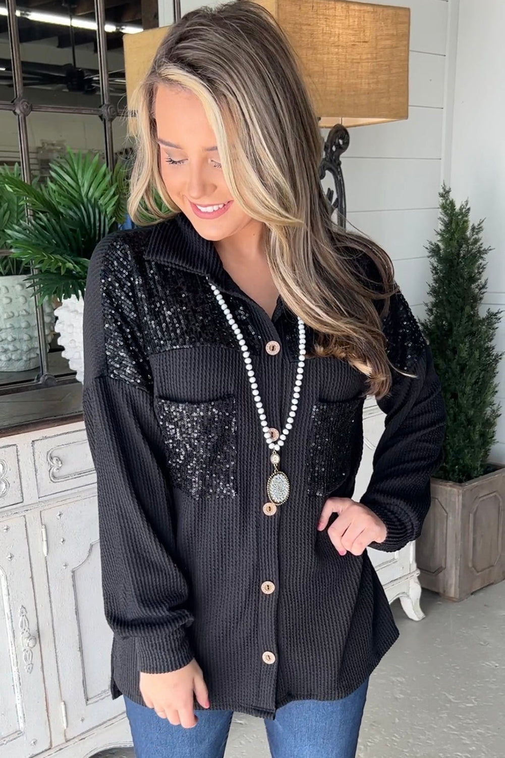 Black Sequin Patch Chest Pocket Corded Shacket-7