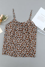 Khaki Leopard Print Spaghetti Strap Pleated Flowing Tank Top-13