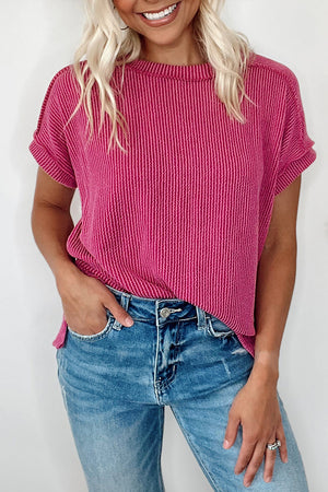 Rose Red Textured Knit Exposed Stitching T-shirt-7