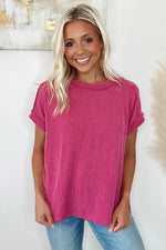 Rose Red Textured Knit Exposed Stitching T-shirt-9